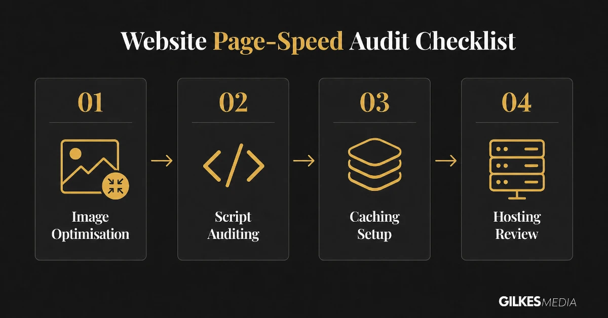 Four-step website speed audit workflow: images, scripts, caching, hosting