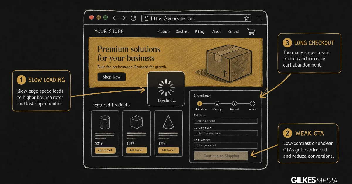 Hand-drawn illustration of a web interface highlighting slow loading, weak CTA, and long checkout.