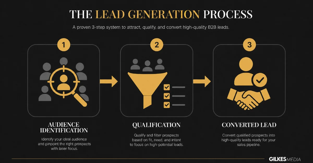 Diagram showing a three-step lead generation process: audience identification, qualification, and converted lead.
