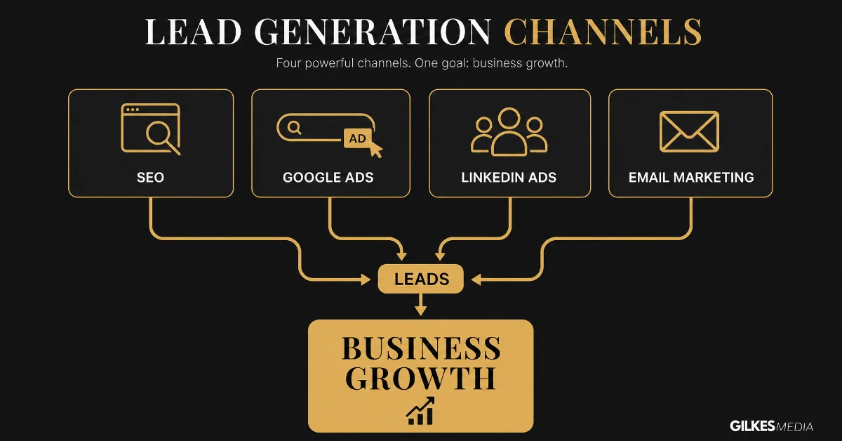Illustrating lead generation channels like SEO, Google Ads, LinkedIn Ads, and Email Marketing for business growth.