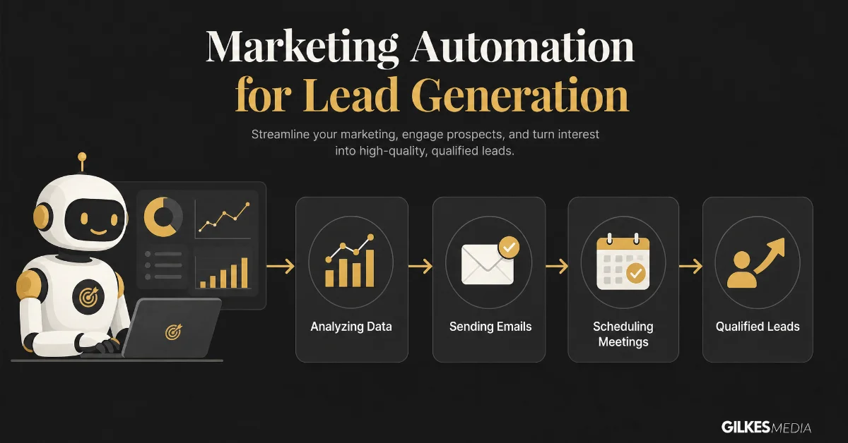 Automation robot analyzing data for lead generation, sending emails, and scheduling meetings.