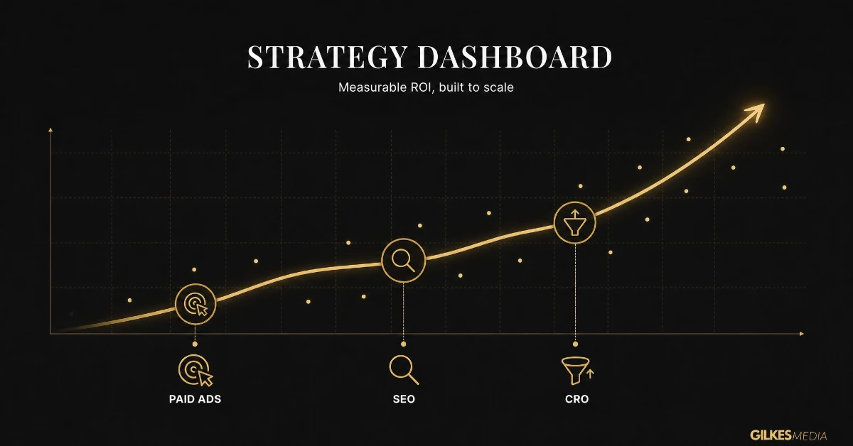 Strategy dashboard showing paid ads, SEO and CRO driving measurable ROI