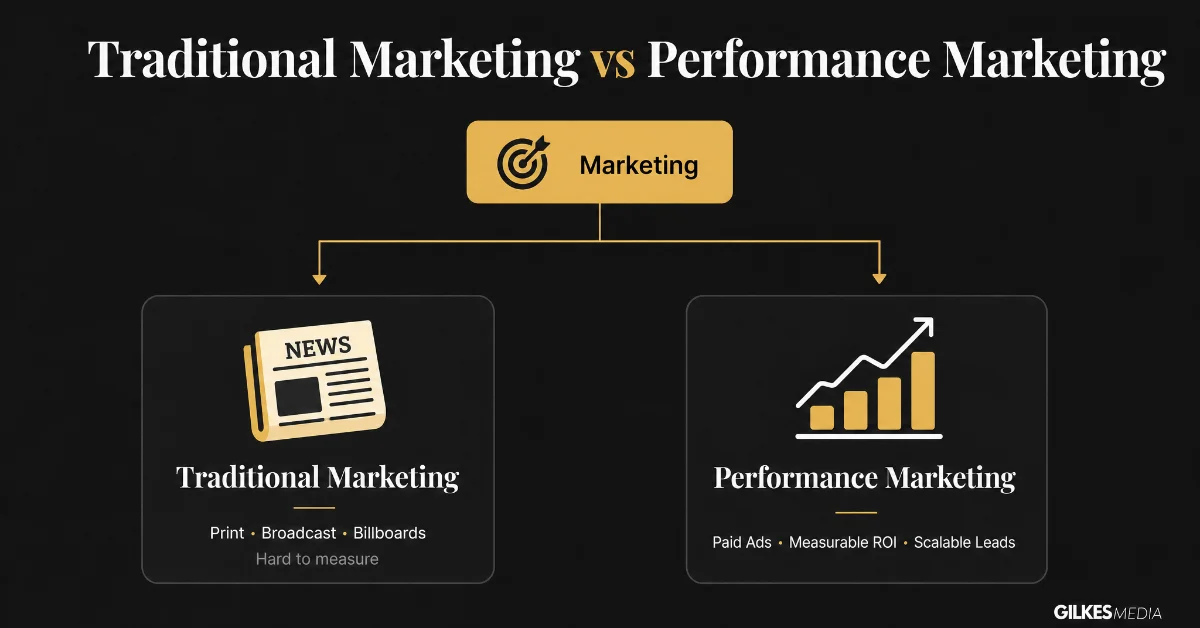 Marketing hierarchy diagram illustrating traditional marketing with a newspaper and performance marketing with a graph.