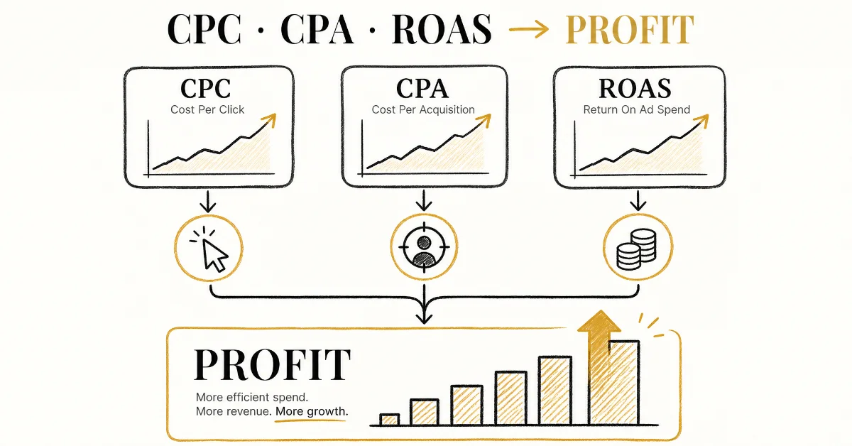 Hand-drawn illustration showing increasing CPC, CPA, and ROAS metrics, along with a profit bar.