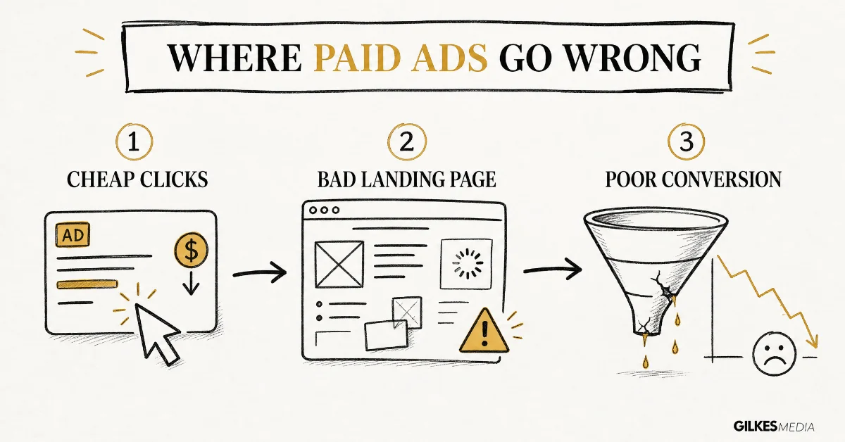 Hand-drawn diagram of marketing pitfalls: cheap clicks leading to a bad landing page and poor conversion.