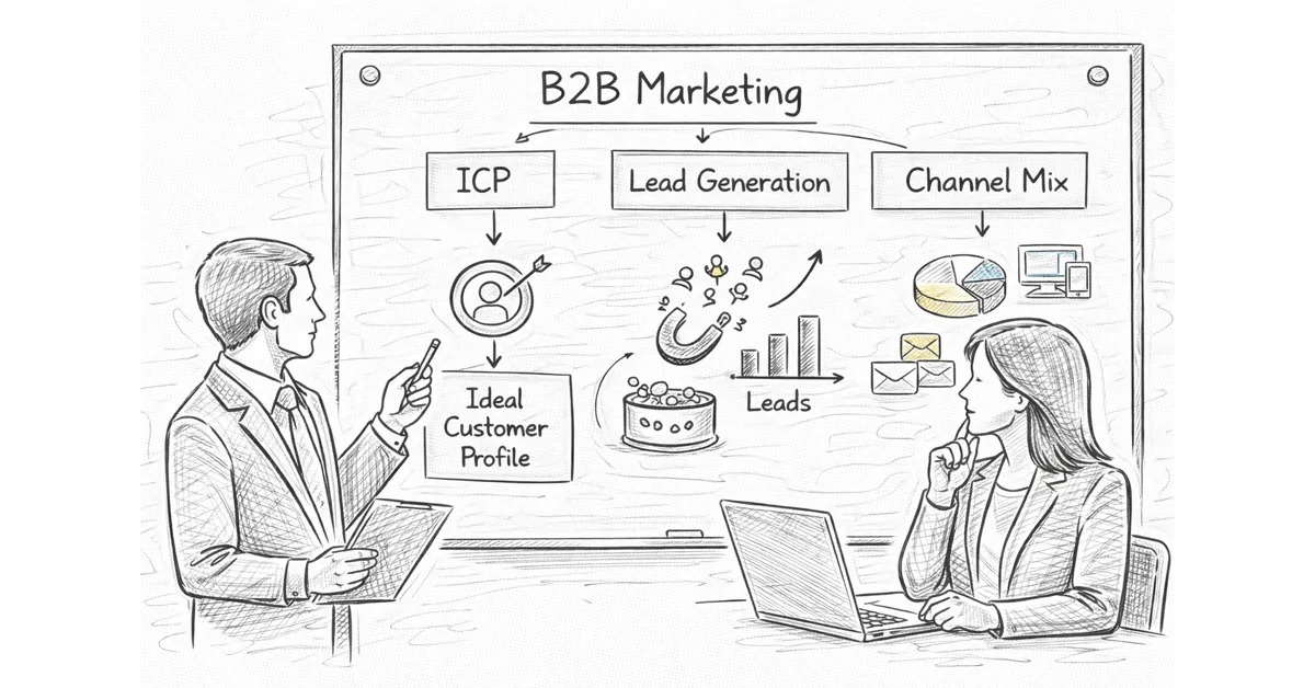 Two professionals analyze a whiteboard displaying B2B marketing concepts: ICP, lead generation, and channel mix.