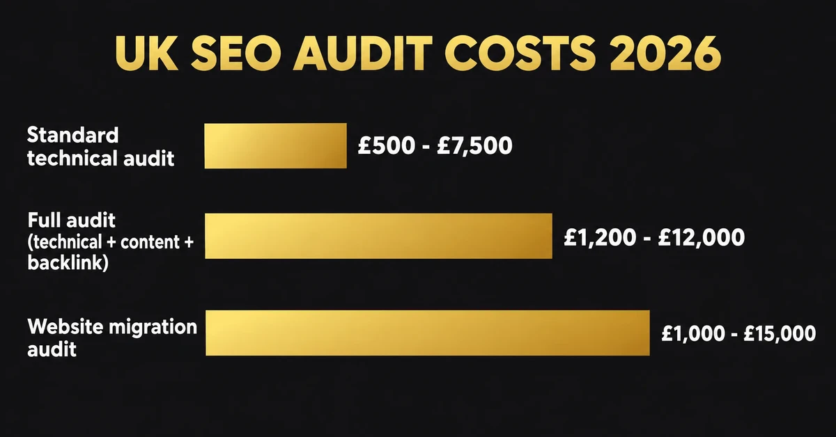 Bar chart showing typical UK SEO audit costs in 2026 for standard, full and migration audits