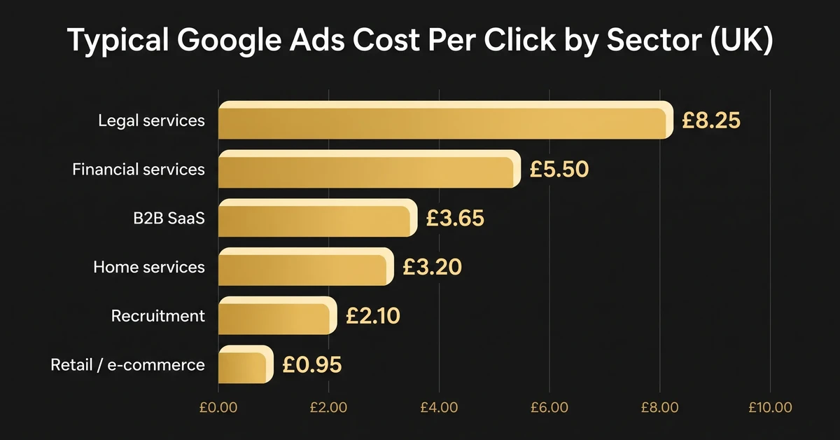 Bar chart of typical Google Ads cost per click by UK sector