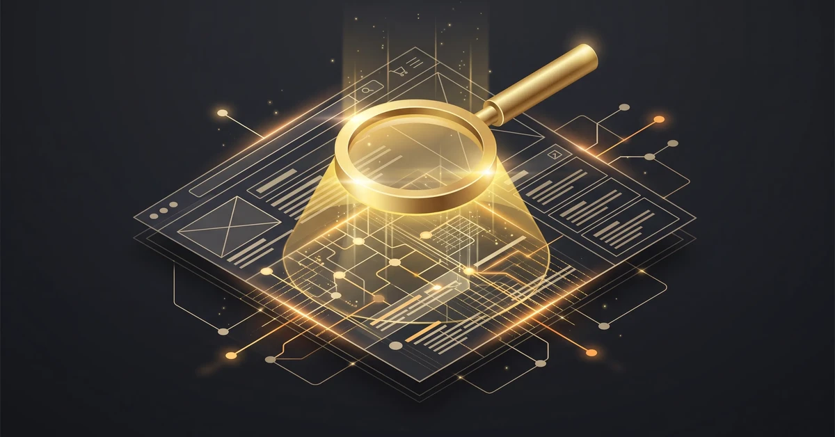 Abstract gold magnifying glass scanning a website representing a professional SEO audit