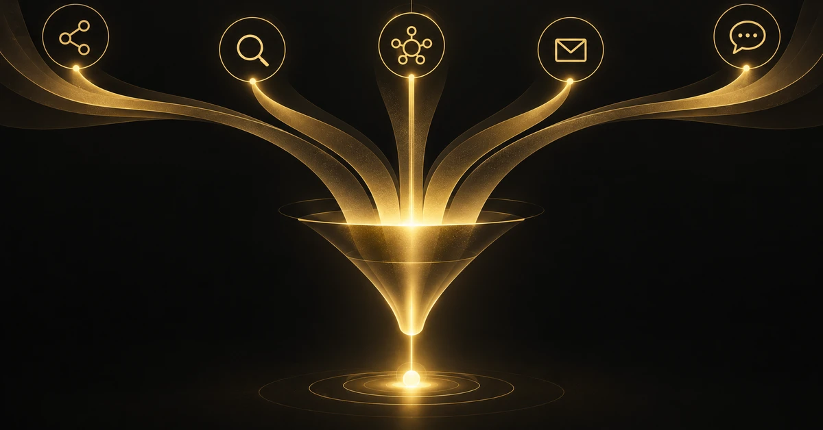 Abstract gold funnel showing multiple lead generation channels converging into new customers