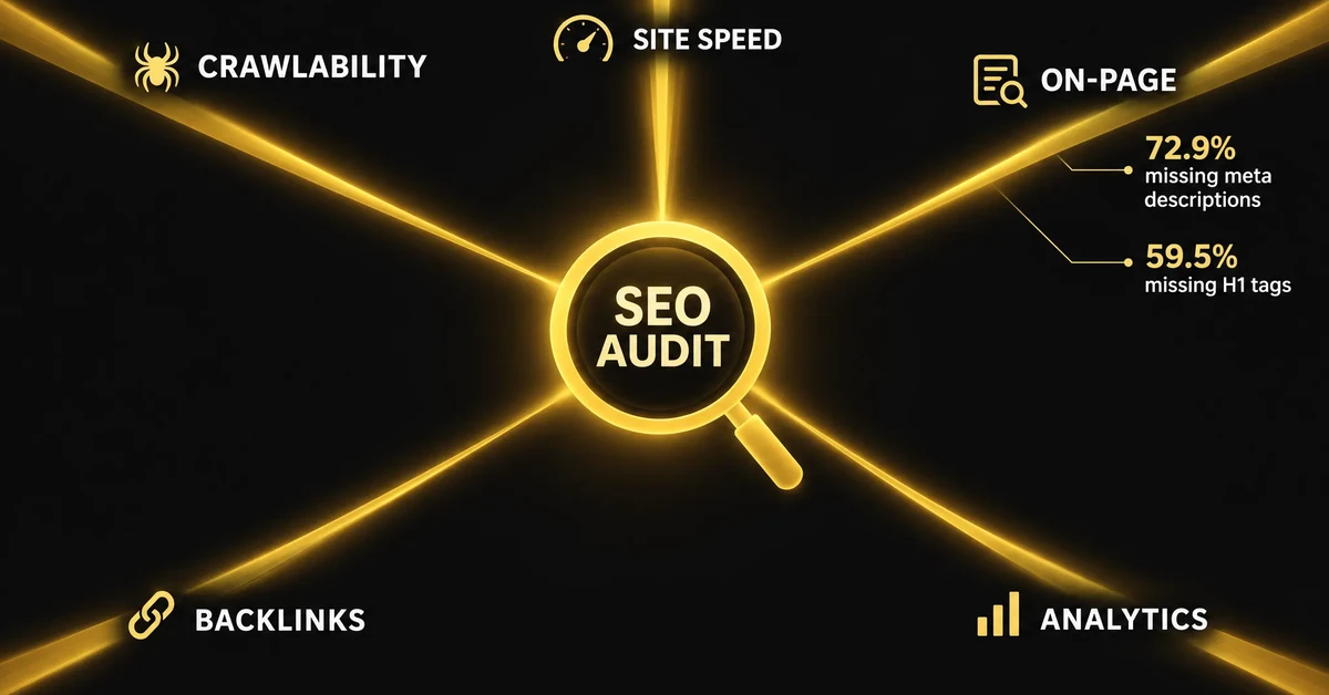 Diagram showing the five layers a professional SEO audit checks: crawlability, site speed, on-page, backlinks and analytics, with UK audit statistics