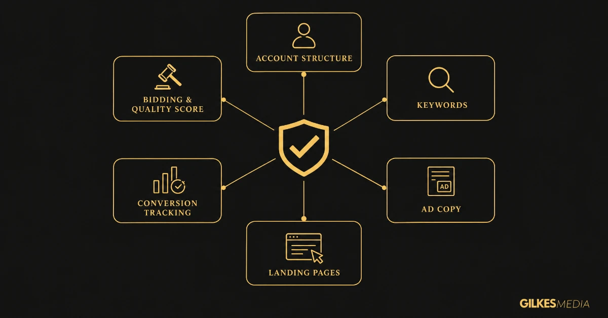 Diagram showing the six categories a Google Ads audit checks