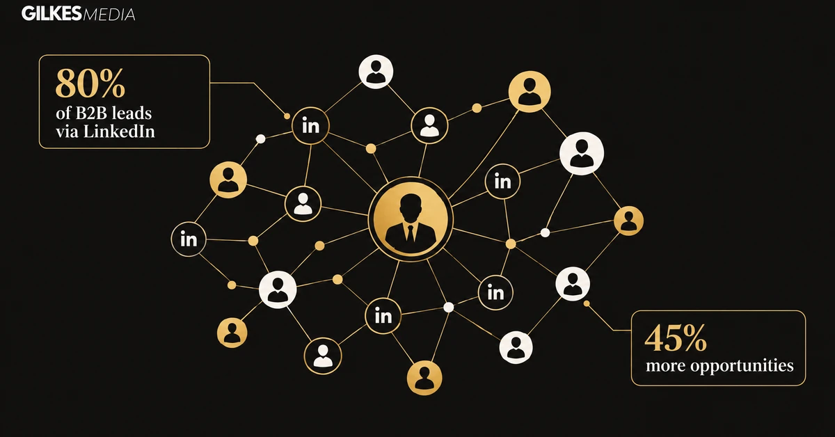 LinkedIn network diagram showing 80 percent of B2B leads come via LinkedIn and 45 percent more opportunities