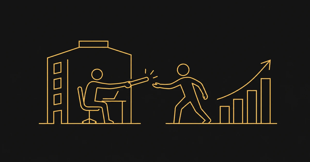 Gold line-art illustration of a business handing off its marketing to an outside specialist team, with a rising growth chart