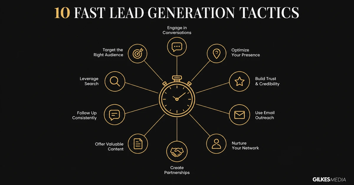Diagram of ten fast lead generation tactics radiating from a central stopwatch