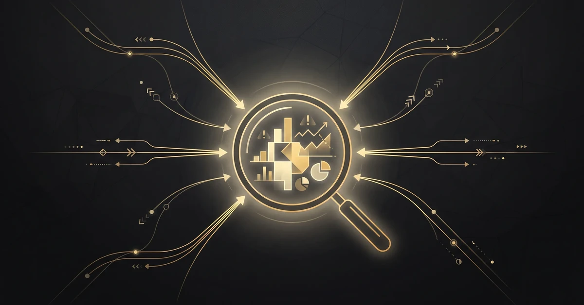 Diagram of warning signals converging on a magnifying glass over an ad account dashboard