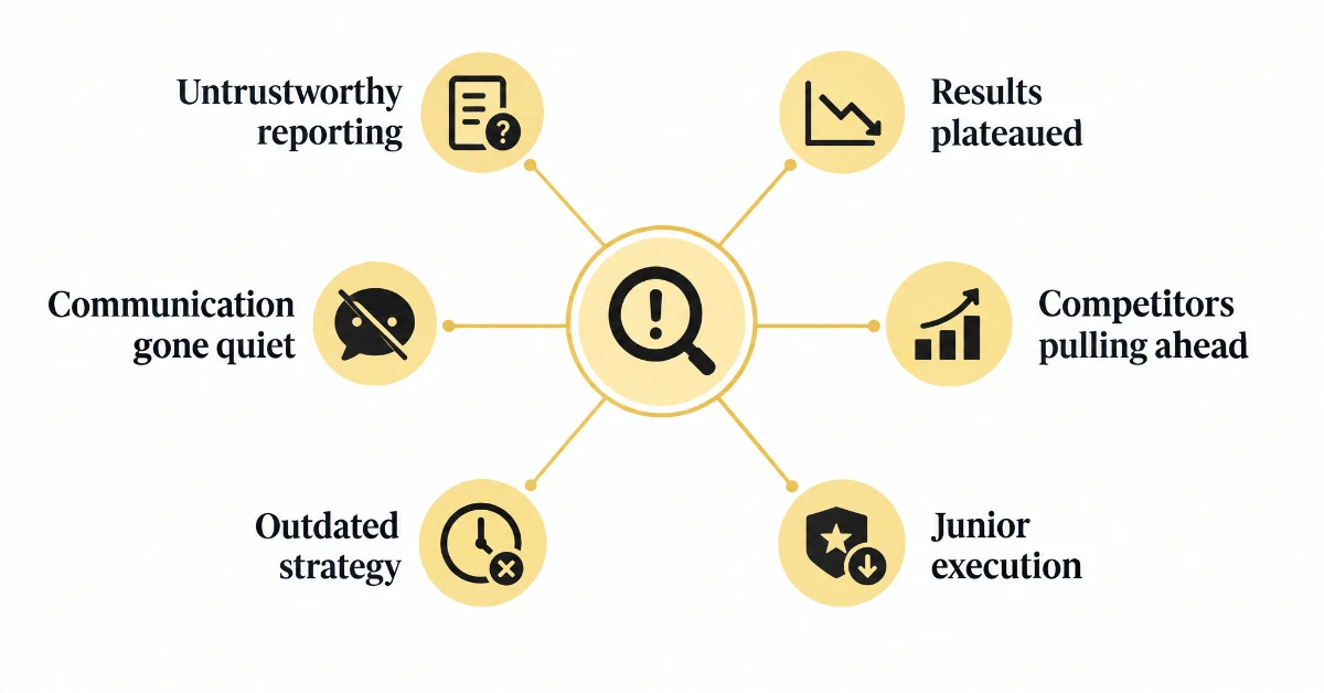 Infographic showing six warning signs it is time to switch marketing agencies: untrustworthy reporting, results plateaued, communication gone quiet, junior execution, outdated strategy, competitors pulling ahead