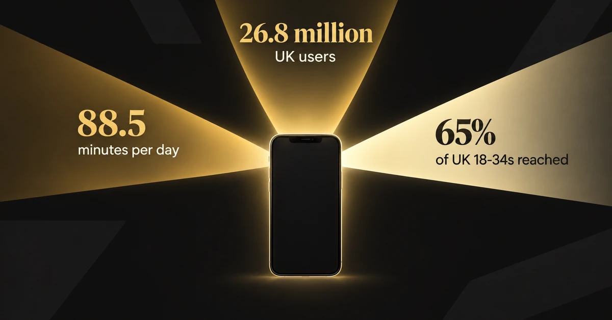 Infographic showing 26.8 million UK TikTok users, 88.5 minutes daily usage and 65% of UK 18-34s reached