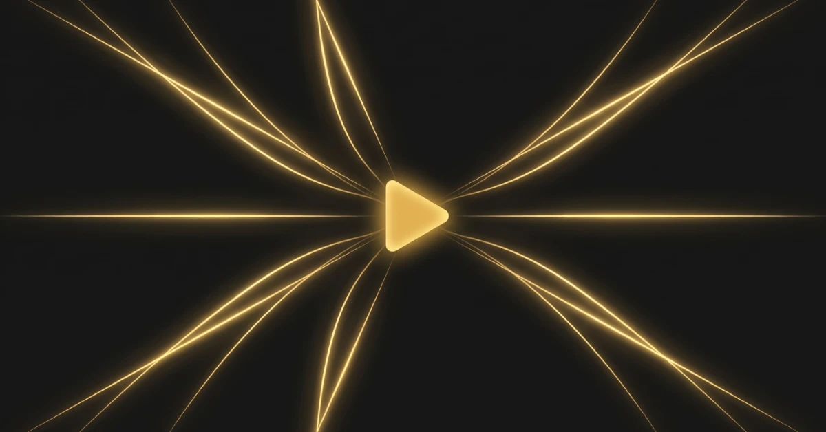 Abstract gold play button and targeting beams on a dark background, representing YouTube advertising cost and targeting
